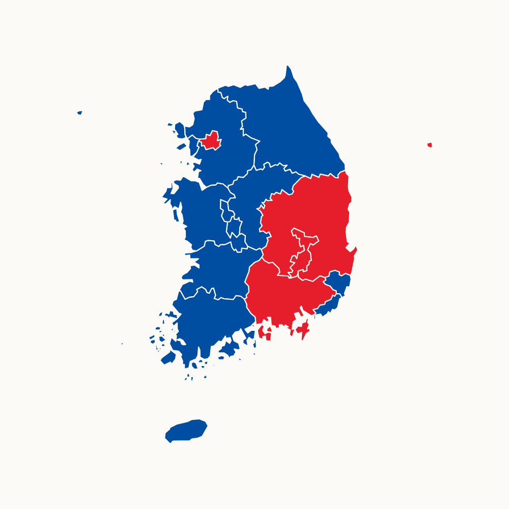정당색으로 칠한 대한민국 16개 시·도 지도